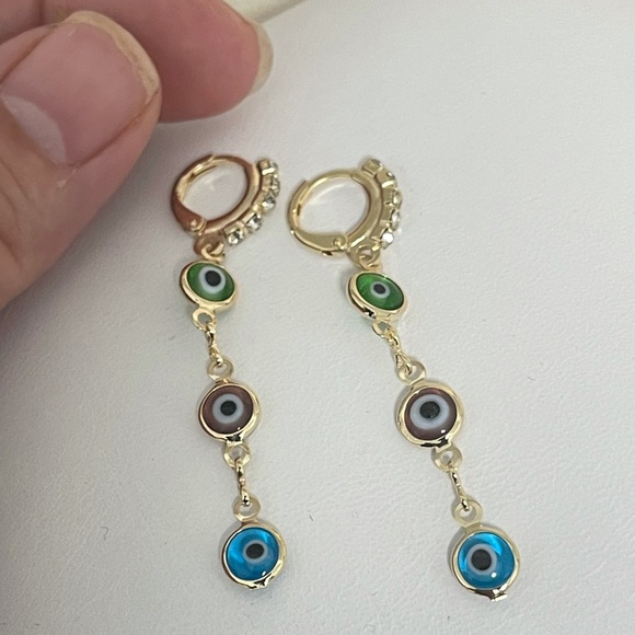 18k Gold Filled CZ Evil Eye Long Earrings - Picture 5 of 5